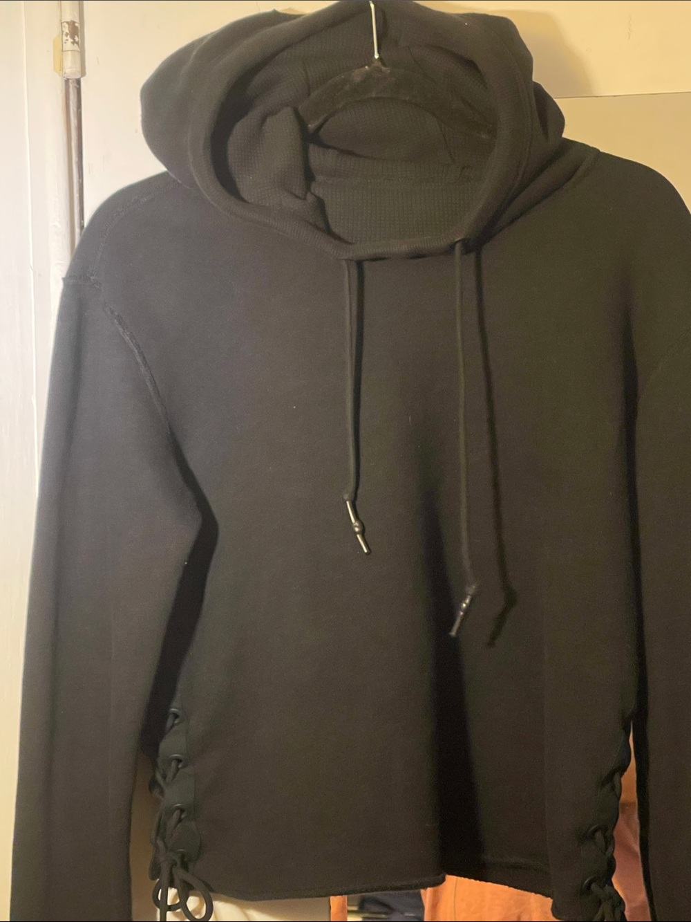 Rag & Bone Woman’s Black Cotton Cropped Hoodie  Lace-Up Sides/ Teri interior